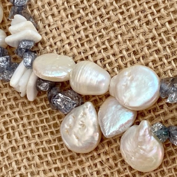 Necklace Pearl Freshwater Authentic double stranded and grey stone necklace. SS - Picture 6 of 10